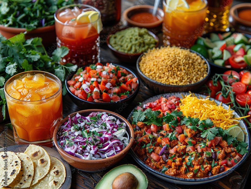 A festive table with traditional Mexican drinks and food. A festive table with traditional Mexican drinks and food.