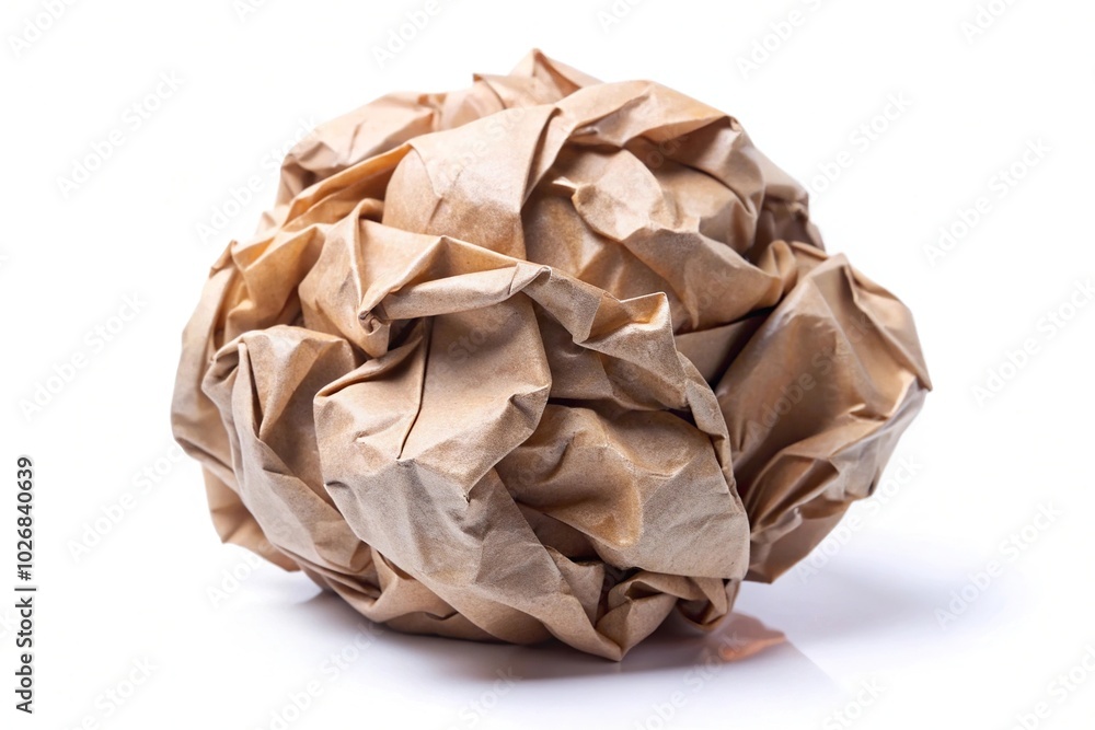 Crumpled paper ball isolated on white background in extreme close-up ...
