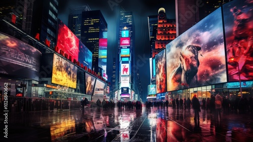 Cityscape at night, with skyscrapers illuminated by a vibrant array of neon lights photo