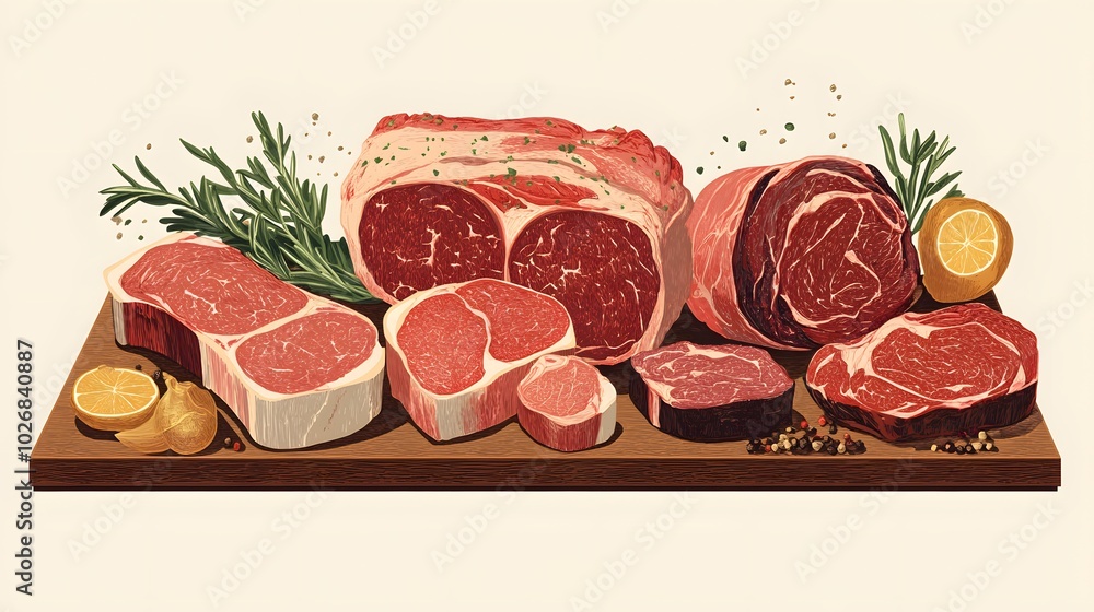 Raw Meat Cuts with Rosemary, Lemons, and Peppercorns on a Wooden Cutting Board Raw Meat Cuts with Rosemary, Lemons, and Peppercorns on a Wooden Cutting Board