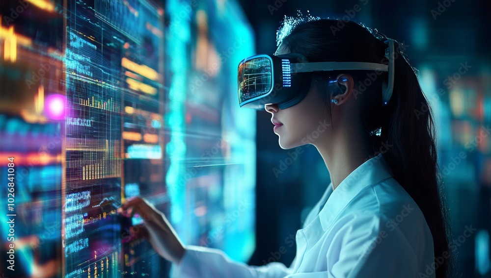 A female scientist wearing a VR headset interacts with a holographic display of data in a lab setting. A female scientist wearing a VR headset interacts with a holographic display of data in a lab setting.