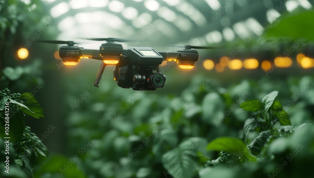 A drone flies through a greenhouse with lush green plants. A drone flies through a greenhouse with lush green plants.