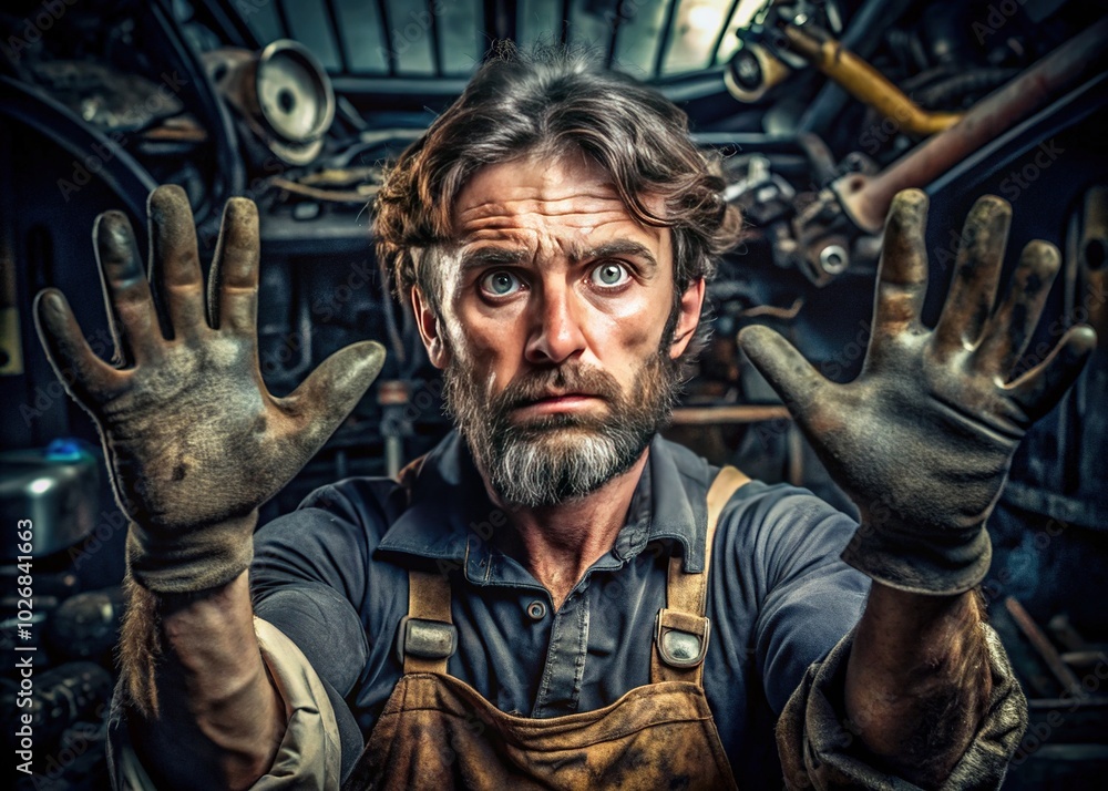 Surreal Portrait of an Auto Mechanic with Oily Hands After a Long Day at Work Surreal Portrait of an Auto Mechanic with Oily Hands After a Long Day at Work
