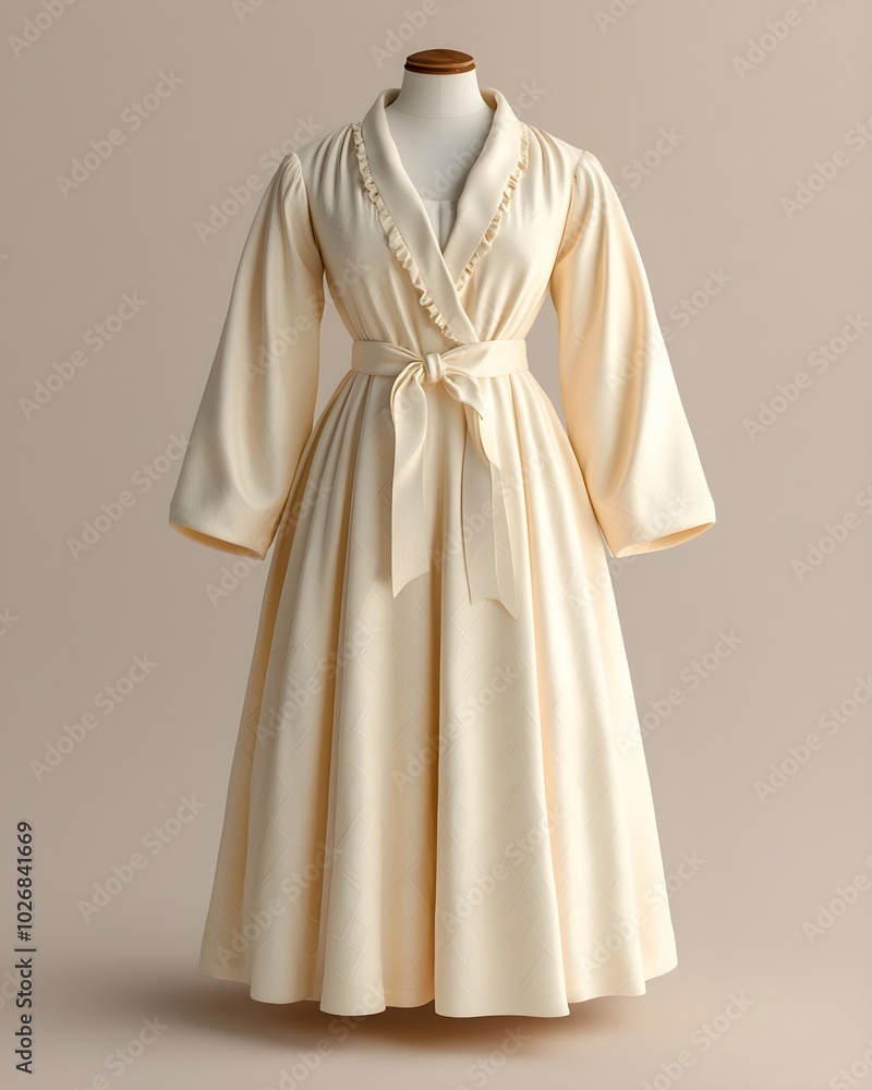 Elegant cream-colored long-sleeve dress with ruffled collar Elegant cream-colored long-sleeve dress with ruffled collar