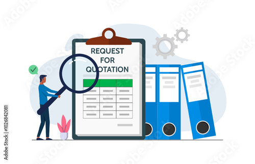 Request for quotation or invitation for bid concept. A man checking for RFQ documents to fulfil certain project