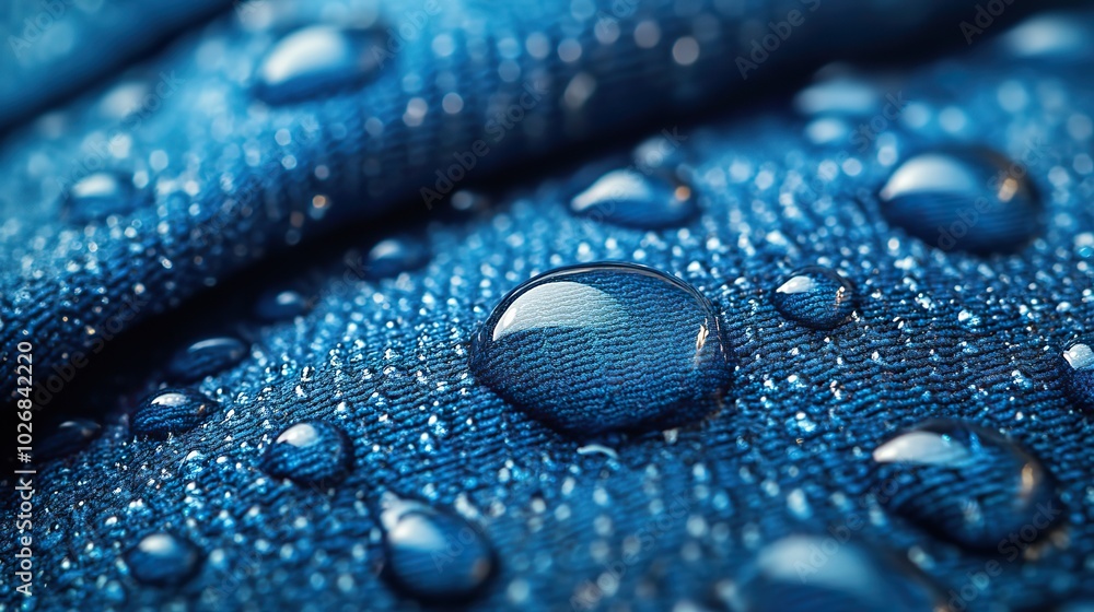 Fototapeta premium A macro shot of water drops on a waterproof membrane fabric, demonstrating new technology in waterproofing for active lifestyle footwear.