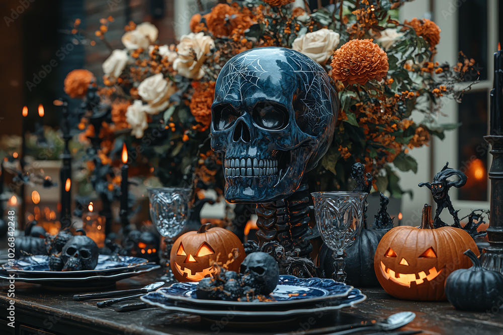 A table set for a Halloween dinner with themed plates and spooky centerpieces. Concept of Halloween dining. A table set for a Halloween dinner with themed plates and spooky centerpieces. Concept of Halloween dining.