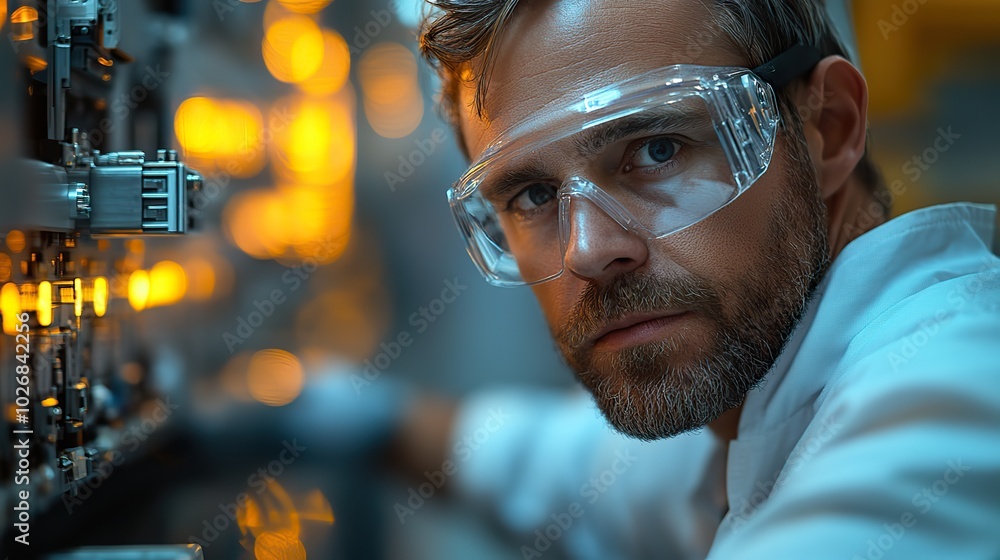 A maintenance engineer operating a robot arm in an electrical manufacturing facility. A maintenance engineer operating a robot arm in an electrical manufacturing facility.