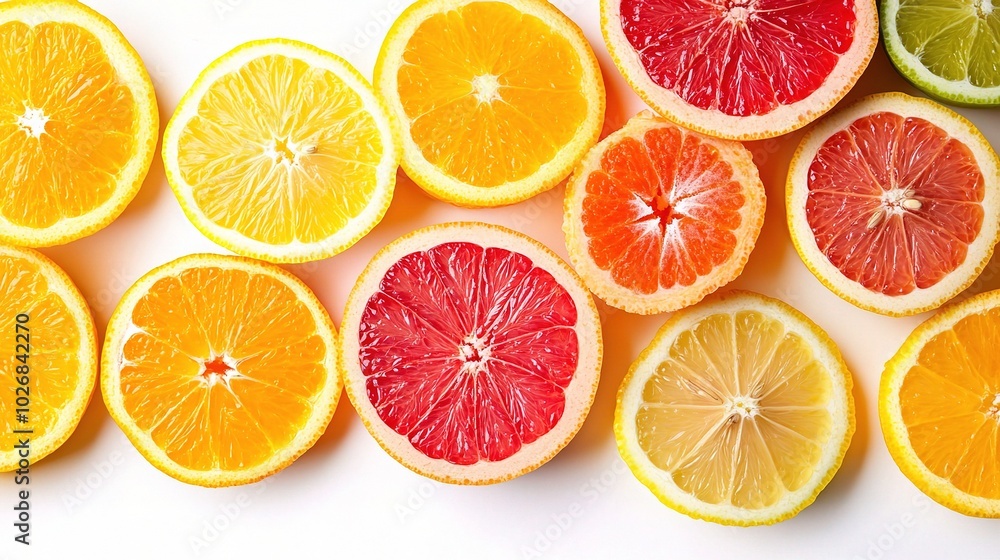 Vibrant Citrus Fruit Slices on White Background Vibrant Citrus Fruit Slices on White Background