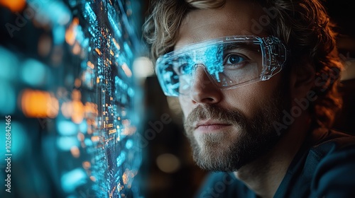 A male worker utilizing a holographic display to view global shipping data, representing modern Industry 5.0 concepts. photo