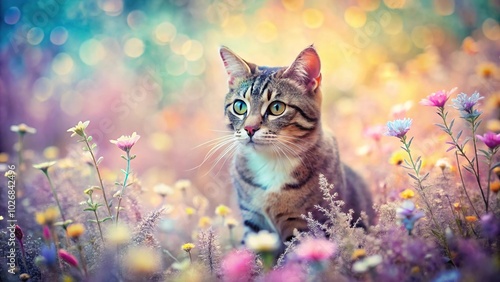 Curious Feline Exploring Enchanting Pastel Hued Flower Field in Whimsical Watercolor Asymmetrical