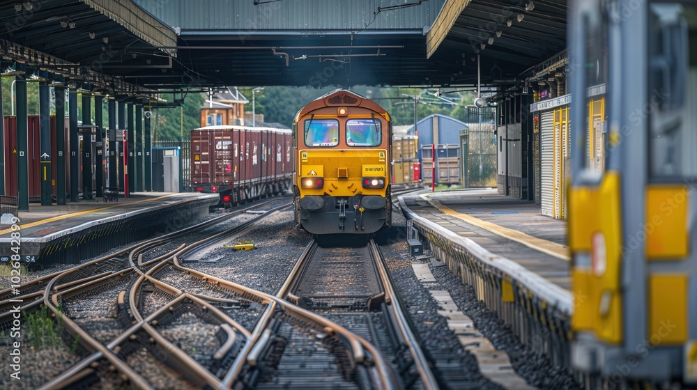 A freight train is actively being loaded with containers at a busy railway station, showcasing multiple tracks and cargo cars. Generative AI A freight train is actively being loaded with containers at a busy railway station, showcasing multiple tracks and cargo cars. Generative AI