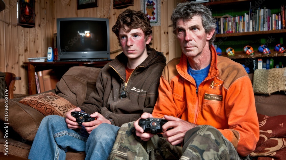 Fototapeta premium Two men playing video games on a couch in a rustic living room.