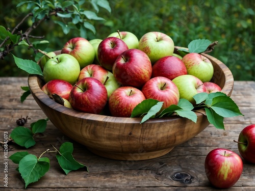 A wooden bowl filled with various red and green apples, resting on a rustic wooden table, surrounded by green and brown leaves. photo