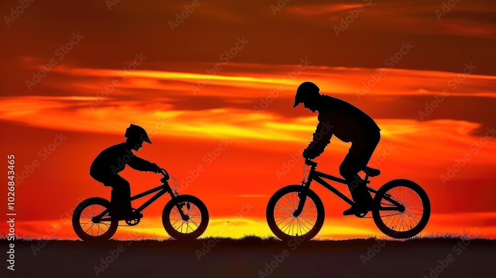 Fototapeta premium Silhouettes of Two Cyclists Riding at Sunset