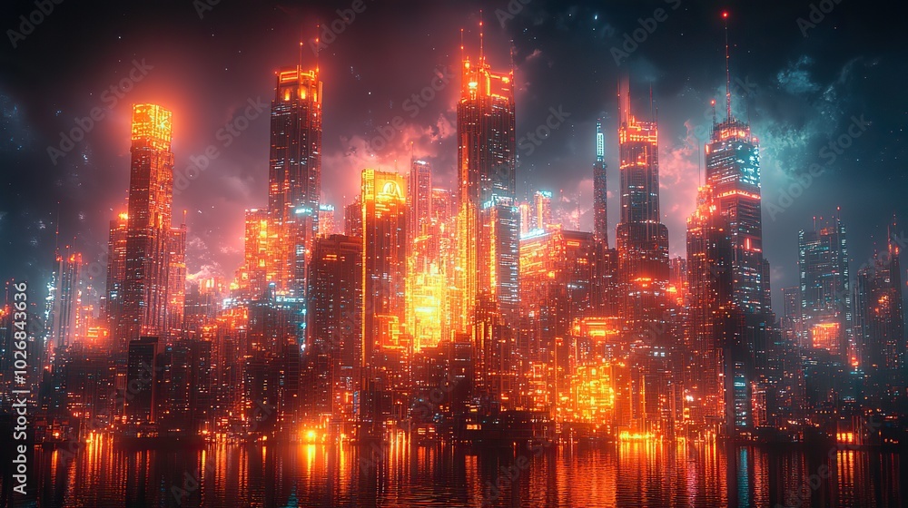 Fototapeta premium A metaverse smart city with AI, IoT, and automated 3D robot avatars working on digital city building models in a cyberspace setting.