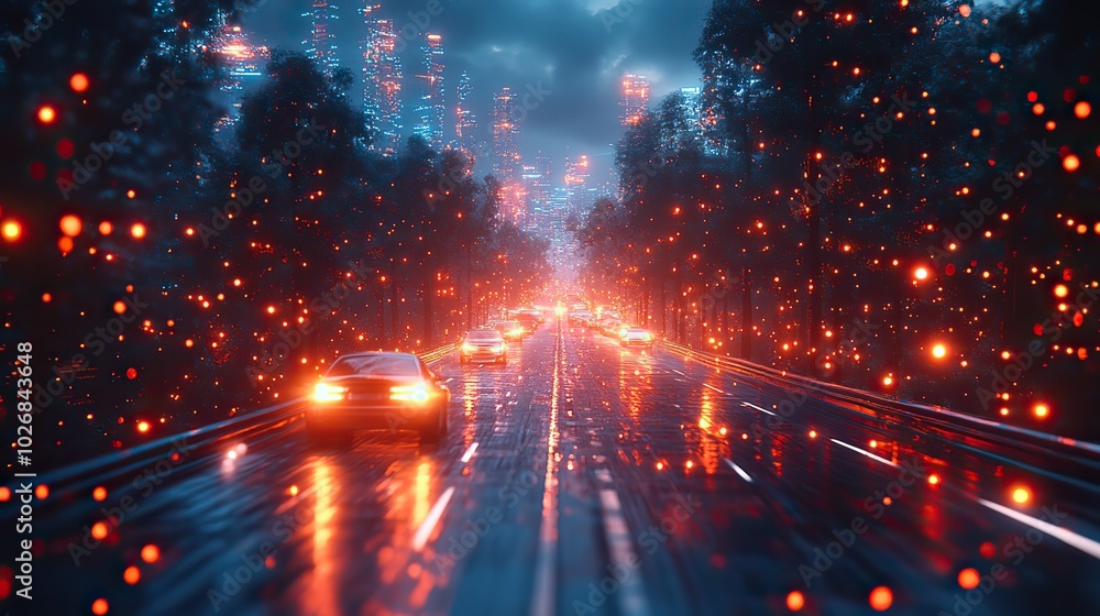 Fototapeta premium A metaverse smart city with IoT, AI, and 3D robots analyzing city architecture using big data and futuristic internet technology interfaces.