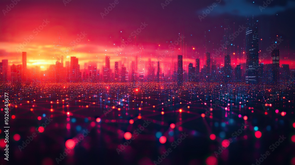 Fototapeta premium A metaverse-inspired smart city connected with lines and dots, showcasing big data and advanced technology in a digital cityscape background.