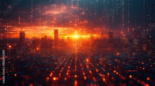 A metaverse-inspired smart city connected with lines and dots, showcasing big data and advanced technology in a digital cityscape background.