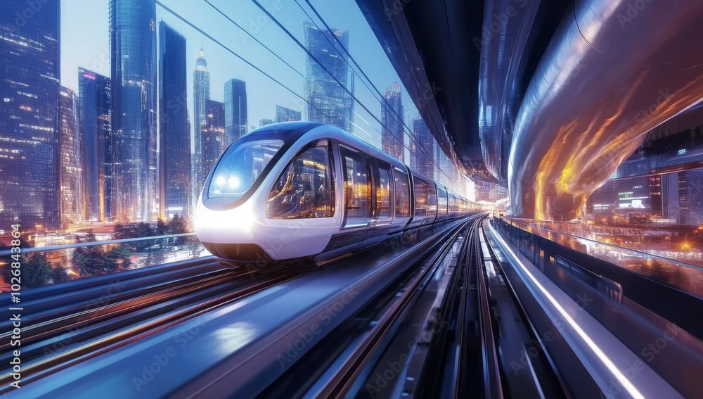 Fototapeta premium A futuristic train travels through a city at dusk.