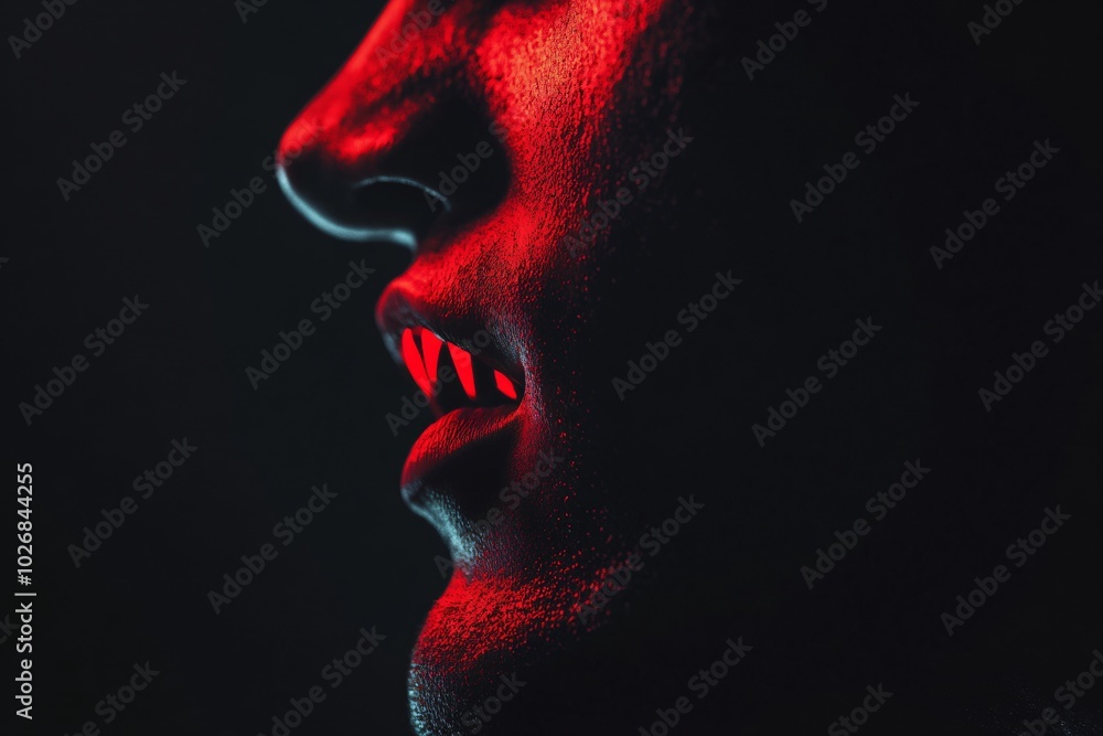 Closeup of red vampire fangs on black background. Scary monster teeth. Spooky Halloween concept. Horror and nightmare Closeup of red vampire fangs on black background. Scary monster teeth. Spooky Halloween concept. Horror and nightmare