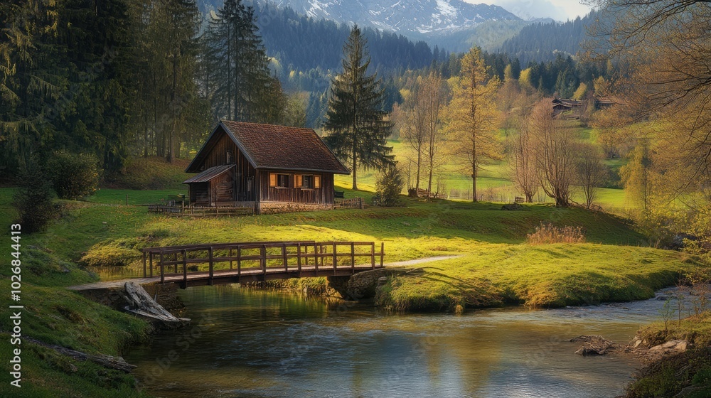 Fototapeta premium A tranquil riverside scene in Switzerland, featuring a charming wooden cabin surrounded by vibrant spring foliage and mountains. Generative AI