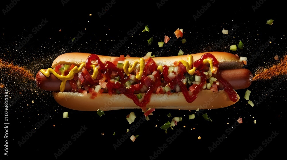 Freshly Made Vibrant Hotdog with Spices and Toppings Freshly Made Vibrant Hotdog with Spices and Toppings