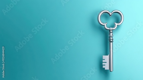 Silver key on teal background for unlocking opportunities and solutions.