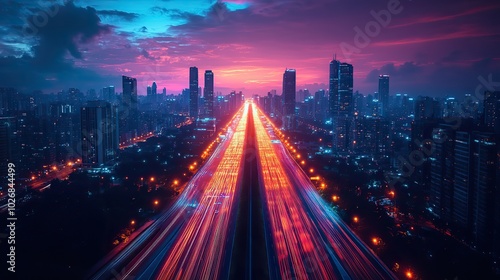 A modern city skyline with skyscrapers illuminated by speed lights, creating a neon futuristic backdrop that suggests rapid virtual reality motion.