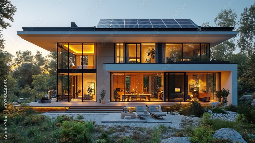 A modern eco-friendly house equipped with solar panels, illustrating smart home technology and sustainable living concepts against a sunset backdrop. A modern eco-friendly house equipped with solar panels, illustrating smart home technology and sustainable living concepts against a sunset backdrop.