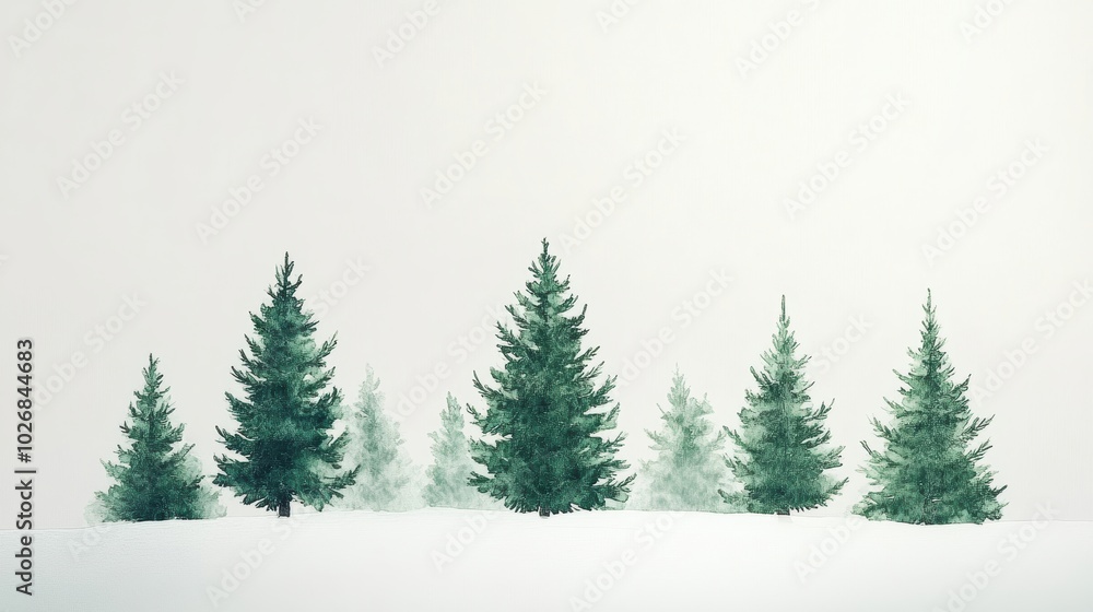 Fototapeta premium A serene arrangement of evergreen trees in a snowy landscape with a light background.