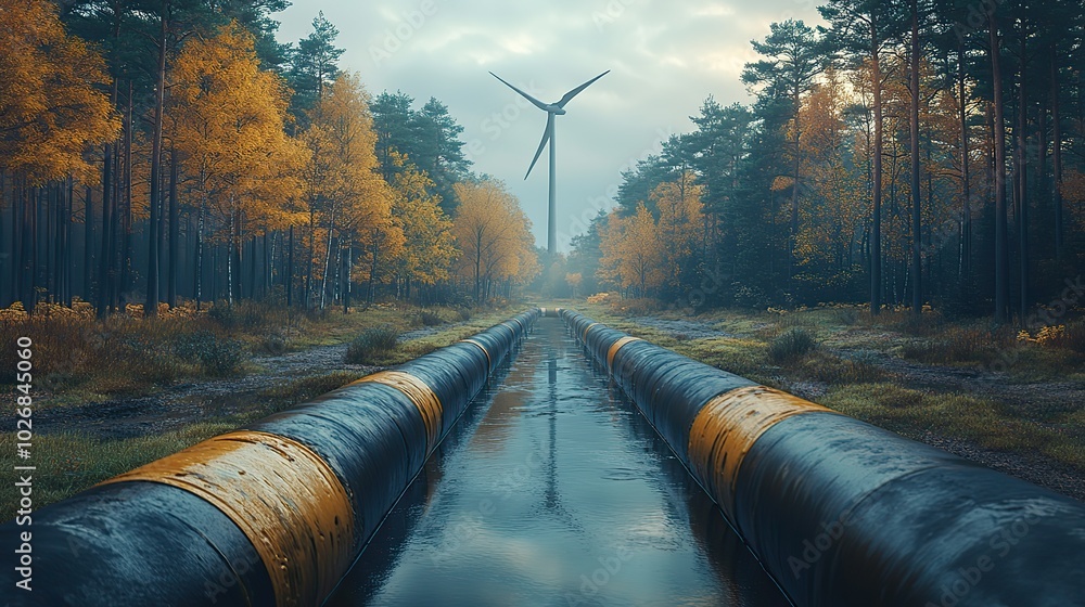 A natural landscape with a pipeline and wind turbines, illustrating the intersection of industrial infrastructure and renewable energy sources. A natural landscape with a pipeline and wind turbines, illustrating the intersection of industrial infrastructure and renewable energy sources.