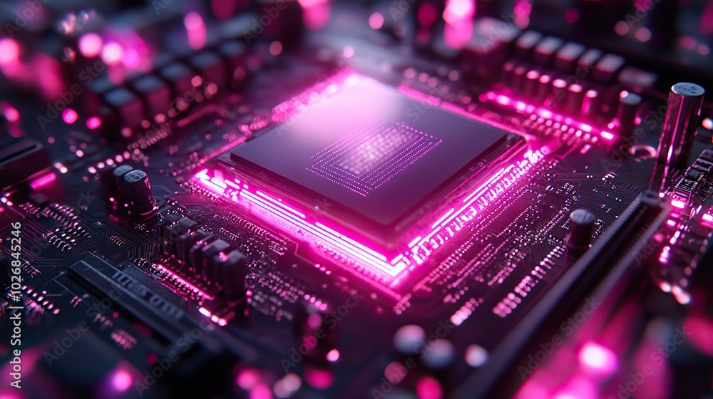 A neon computer technology design featuring a future quantum processor, showcasing the advanced possibilities of AI generation and motherboard innovation. A neon computer technology design featuring a future quantum processor, showcasing the advanced possibilities of AI generation and motherboard innovation.