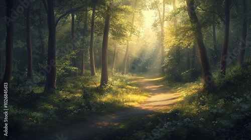 Serene Forest Pathway with Gentle Sunlight