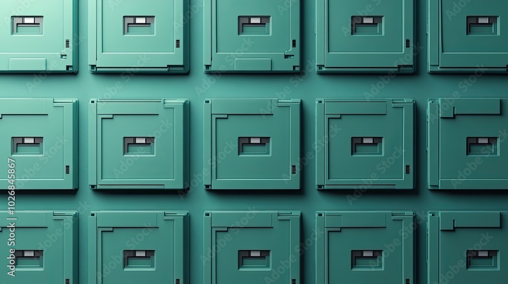 A pattern of green floppy discs is neatly arranged, creating a nostalgic design reminiscent of vintage data storage devices. A pattern of green floppy discs is neatly arranged, creating a nostalgic design reminiscent of vintage data storage devices.
