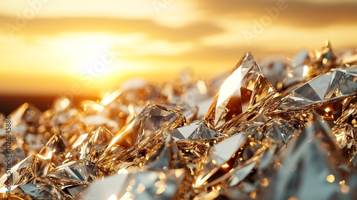 A mountain of diamonds under a golden sky, their pristine surfaces reflecting every hue imaginable, set against a distant horizon photo