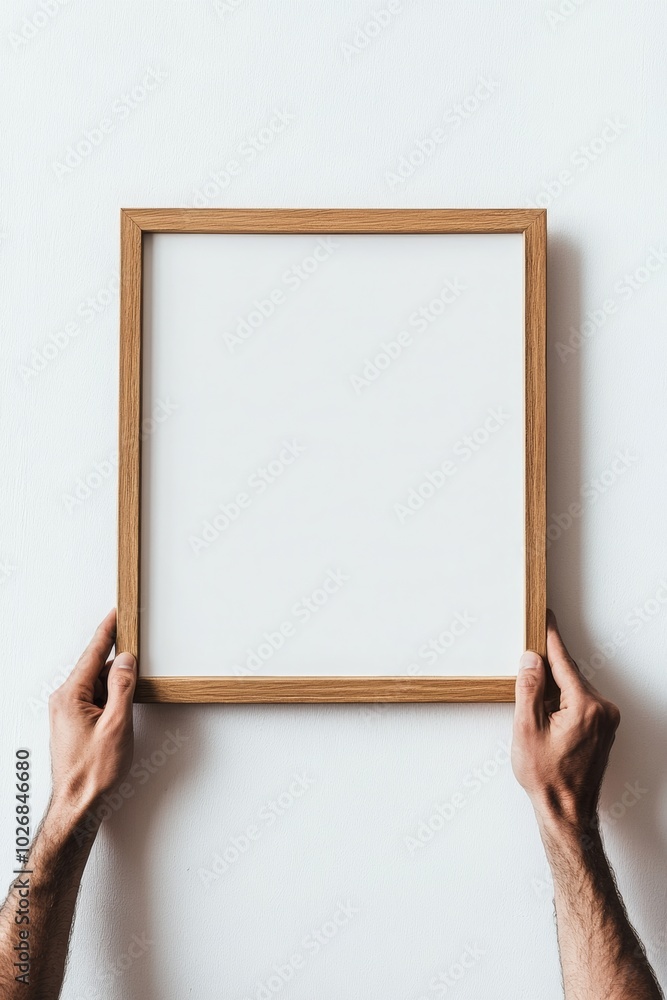 Hands Holding a Wooden Frame Against a Wall Hands Holding a Wooden Frame Against a Wall