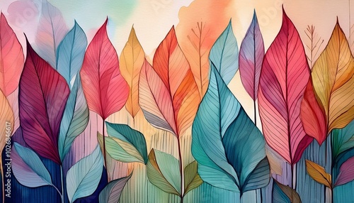 Wallpaper Mural カラフル、葉、水彩、秋、自然、アート、抽象的、グラデーション、植物、ボタニカル、装飾、繊細、美しい、鮮やか、アートワーク Torontodigital.ca