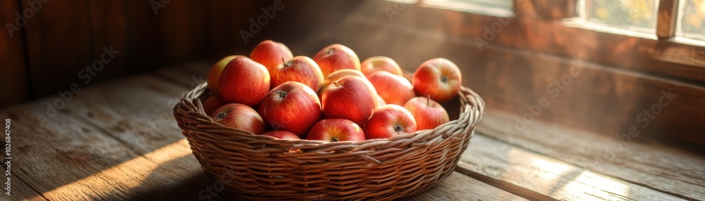 A rustic basket filled with vibrant red apples sits on a wooden table, illuminated by soft sunlight streaming through a window. A rustic basket filled with vibrant red apples sits on a wooden table, illuminated by soft sunlight streaming through a window.