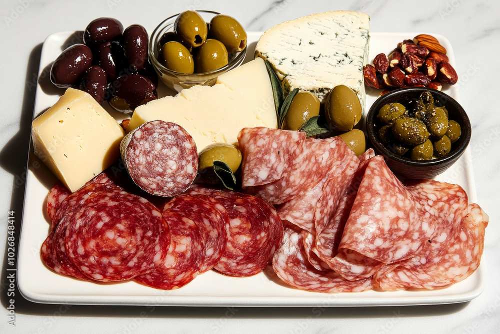 A white plate with a variety of meats and cheeses, including salami, olives A white plate with a variety of meats and cheeses, including salami, olives