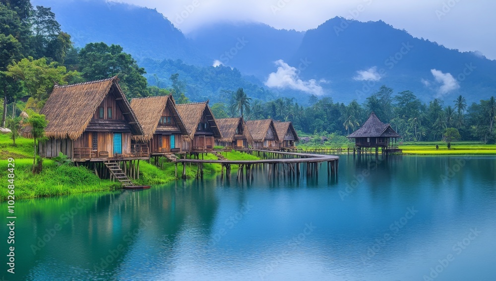 Fototapeta premium Traditional wooden houses on stilts over a lake with a mountain backdrop.
