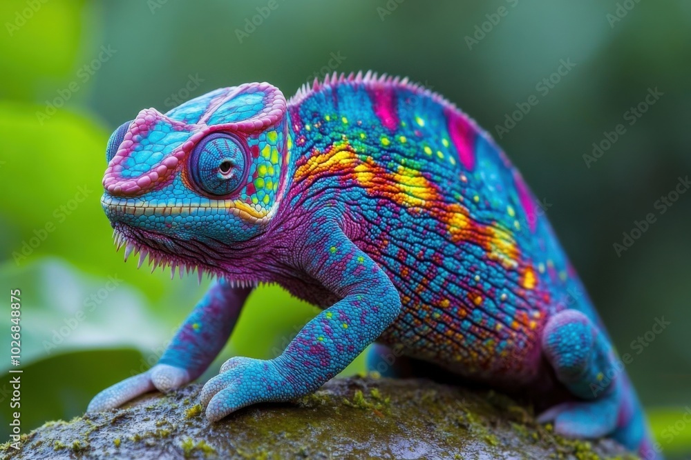 Obraz premium A vibrant chameleon with striking colors rests on a mossy surface, showcasing its unique patterns and textures against a lush green background.