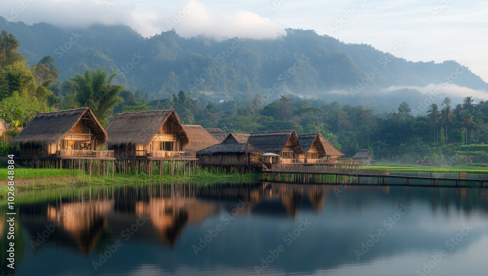 Traditional wooden houses with thatched roofs reflect in a calm lake, surrounded by lush greenery and misty mountains in the background. Traditional wooden houses with thatched roofs reflect in a calm lake, surrounded by lush greenery and misty mountains in the background.