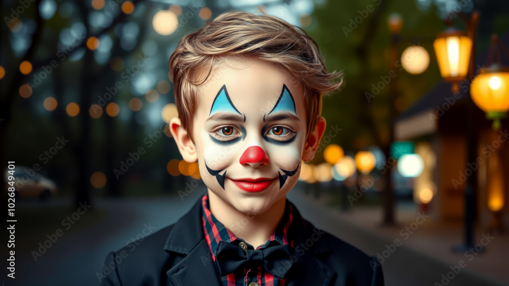 Halloween Clown Boy on a Bright Night Street Halloween Clown Boy on a Bright Night Street