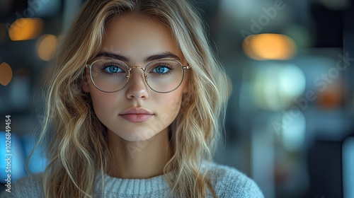 A smart young woman in glasses holds a laptop in a tech office, reflecting the role of women in technology and data-driven careers.