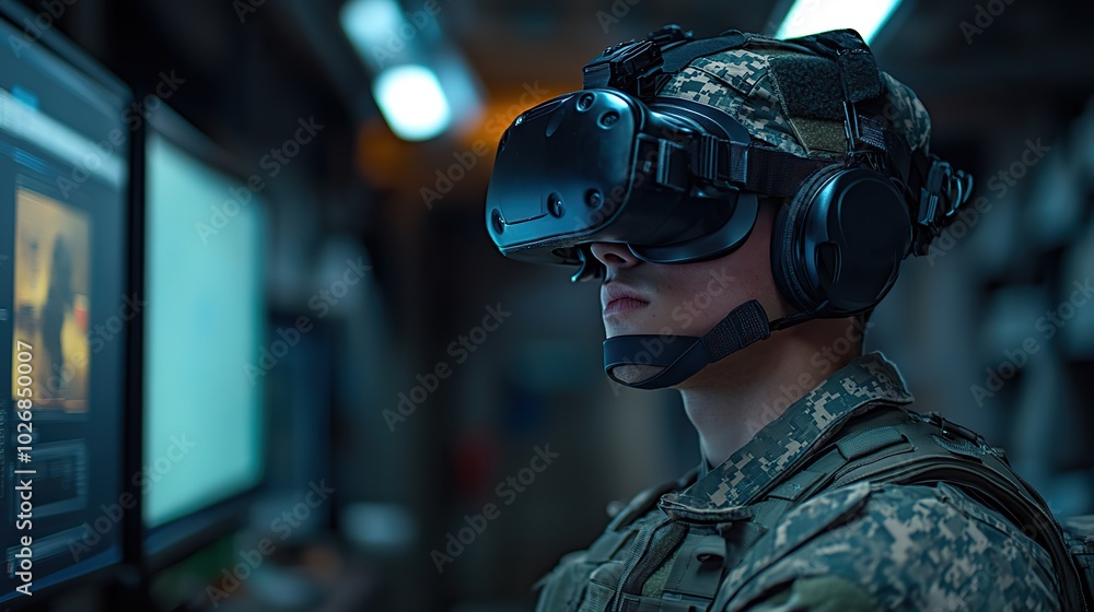 A soldier conducts trials with virtual reality technology for military applications. A soldier conducts trials with virtual reality technology for military applications.