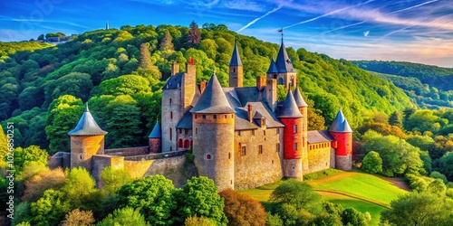 Majestic Castle Coch in Wales Surrounded by Lush Greenery Under a Clear Blue Sky photo