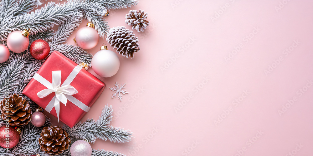 Festive Layout Pink Background with Snowy Branches, Ornaments, Pinecones, and Gift Festive Layout Pink Background with Snowy Branches, Ornaments, Pinecones, and Gift