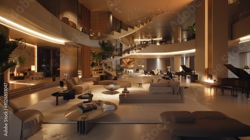 Modern Luxurious Living Room with Spiral Staircase and Grand Piano