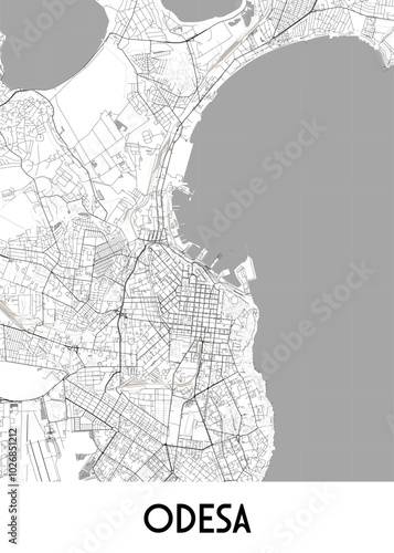 A detailed black and white map of Odesa, Ukraine, with a gray background. The map showcases the city's street network, including major roads and smaller streets.